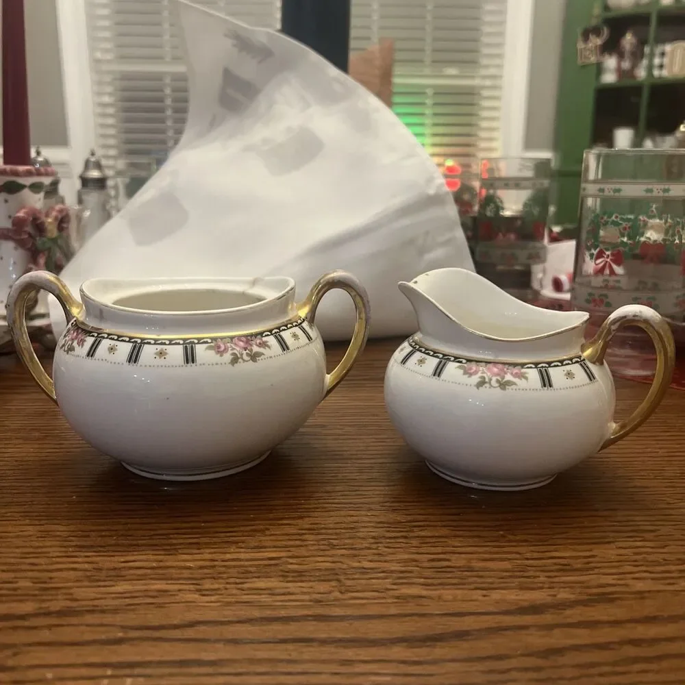 Vintage Cleveland China Sugar Bowl & creamer Bridal Rose Pattern Gold‎ & Crazing